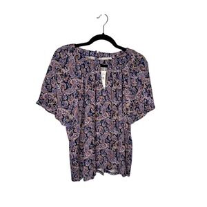 LOFT Paisley Print Top‎ Blouse Womens Large Short Sleeve Keyhole Button